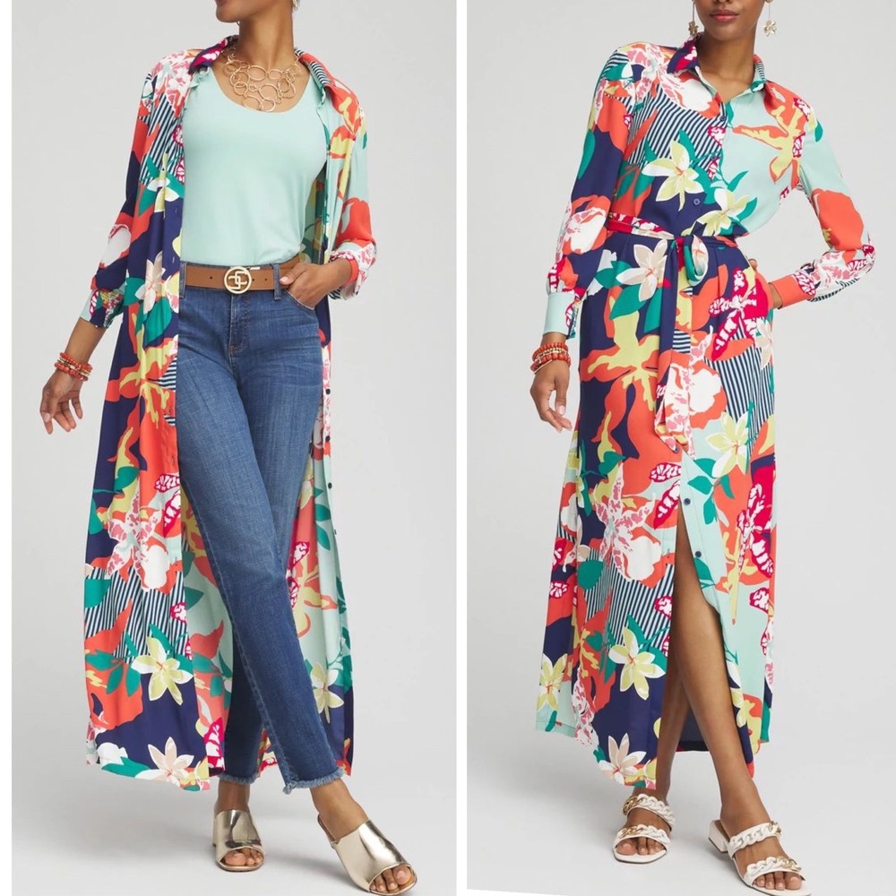 Chico's NWT Colorful Floral Belted Button Down Mixed Print Maxi Dress Size‎ 14